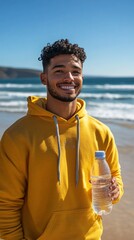 Man in yellow hoodie holds water bottle on beach with ocean view. Promo shot
