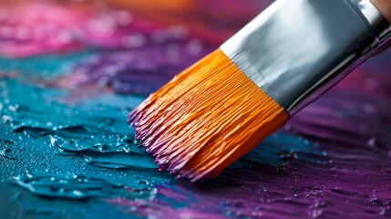Fototapeta premium Close-up of a paintbrush applying vibrant paint on canvas with bold brushstrokes. Generative AI