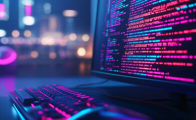 Fototapeta na wymiar A close-up of a laptop screen displaying colorful programming code with a blurred bokeh background in a cyber-themed setting. 