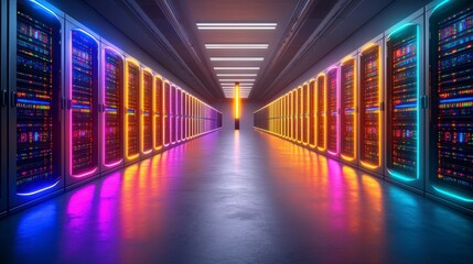 Fototapeta premium Vibrant Data Center Rows of Illuminated Servers in a Modern Facility