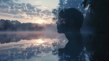 Obraz premium A double exposure of a persona??s face and a calm lake at dawn, blending human emotion with tranquility and naturea??s reflection.