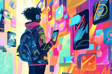 A young person walks through a bright and colorful digital landscape filled with icons and applications, Produce a vibrant illustration capturing the essence of social media marketing strategies