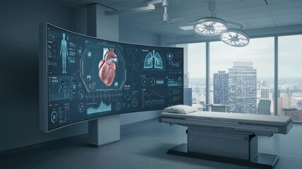 Modern operating room with futuristic medical display showing 3D heart and lungs visualization. High-tech hospital with digital diagnostic system for cardiology treatment. Panoramic city view. - Powered by Adobe