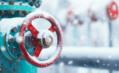A snow-covered industrial gas pipeline with a bright red valve wheel in cold winter conditions.