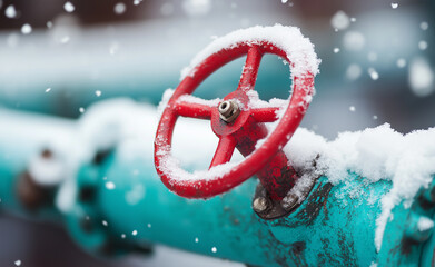 A snow-covered industrial gas pipeline with a bright red valve wheel in cold winter conditions.