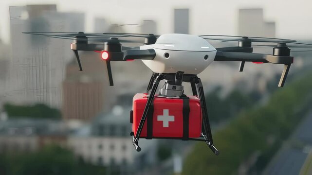 Medical emergency drone delivering first aid kit over urban cityscape. Future healthcare technology for rapid response in crisis situations. Aerial medical supply transport system.