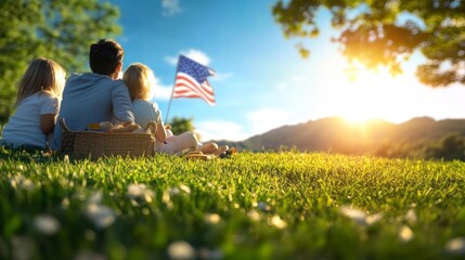 Family Enjoying Picnic under Clear Sky with American Flag in the Background. Generative AI