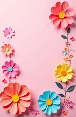colorful paper flowers arranged on pink background with copy space for text. vibrant floral design for spring celebrations. greeting card, invitation, mother's day poster.