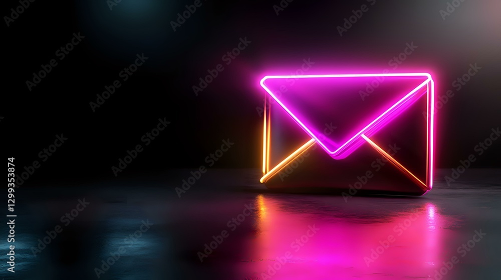 Poster glowing neon mail envelope icon floating on dark background with pink and orange light reflection on