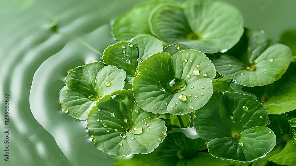 Poster water drops on round green lily pads floating on pond surface with ripple effect creating tranquil n