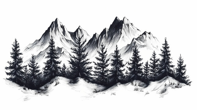 Mountain landscape tattoo with pine trees in blackwork style on white background concept. Tranquility - Ocean. Illustration