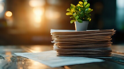 Stack of paper documents and small potted plant on wooden desk with warm sunlight creating cozy atmosphere. Business paperwork and minimalist workspace decor.
