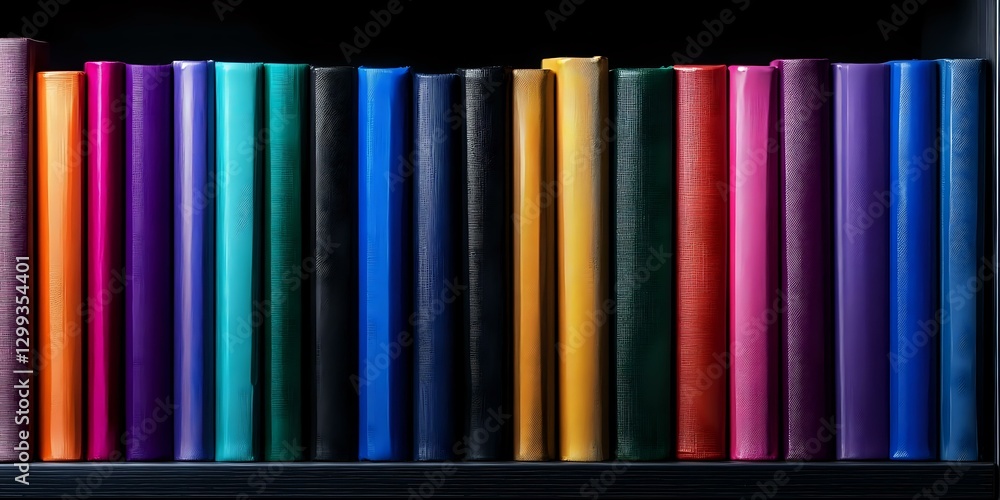 Aufkleber colorful spines of books arranged in rainbow order on black background create vibrant library patter
