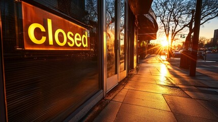 Sunset view of a store with a closed sign in the window. Generative AI