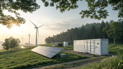 Sunrise Rural Renewable Energy System Solar Panel, Wind Turbines, Battery Storage, Wide Shot, Landscape, Green Energy Renewable Energy, Sustainable Power