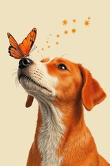 Serene dog enjoying a butterfly on its nose with whimsical stars in the background
