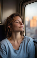 Woman gazes out of a subway window as soft golden light fills the train