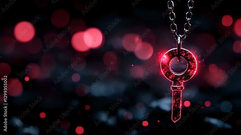 Poster glowing red key pendant on chain against dark background with bokeh lights creating magical atmosphe