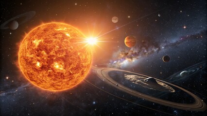 Solar System Composition Glowing Star, Planets, Rings, and Nebula, Space Art,Cosmic Landscape,Astronomy Space