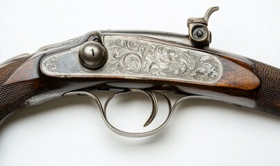 Ornate rifle close up on plain background for vintage firearm or history purposes