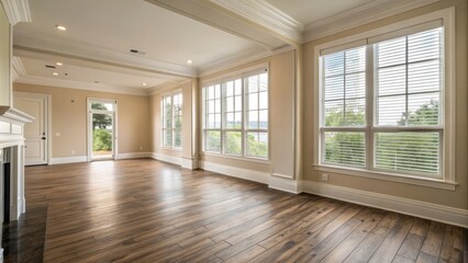 Fototapeta premium Spacious Living Room with Hardwood Floors and Crown Molding, Large Windows, Natural Light, Interior Design, Home Decor Interior Design, Hardwood Floors