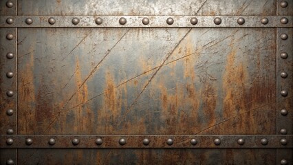 Fototapeta premium Rusty Metal Plate Texture Industrial Design with Rivets, Scratched Surface, Brown and Gray Tones Metal Texture, Industrial Background