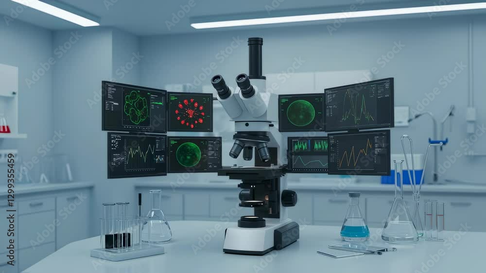 Poster advanced digital microscope with multiple monitors displaying cell analysis in modern medical labora