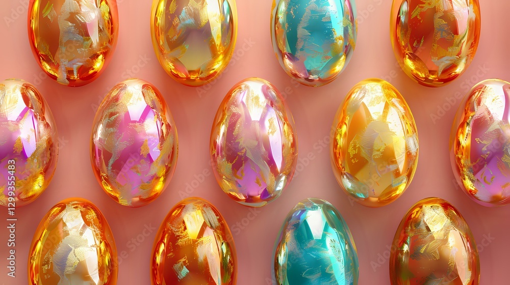 Poster iridescent holographic easter eggs in rows on pink background create mesmerizing pattern with golden