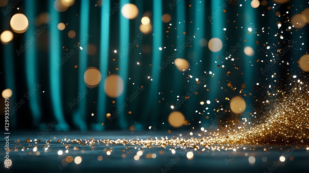 Poster magical golden glitter scattered on dark turquoise background with bokeh lights and sparkles creatin