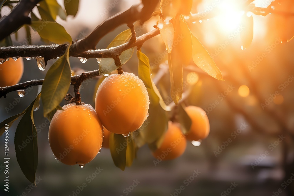 Poster fresh oranges hanging on tree branch with water drops and sunlight creating magical bokeh effect thr