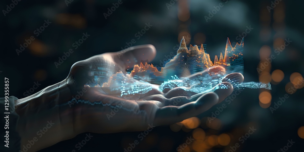 Poster glowing financial chart hologram floating above open palm in dark environment with bokeh lights, sho