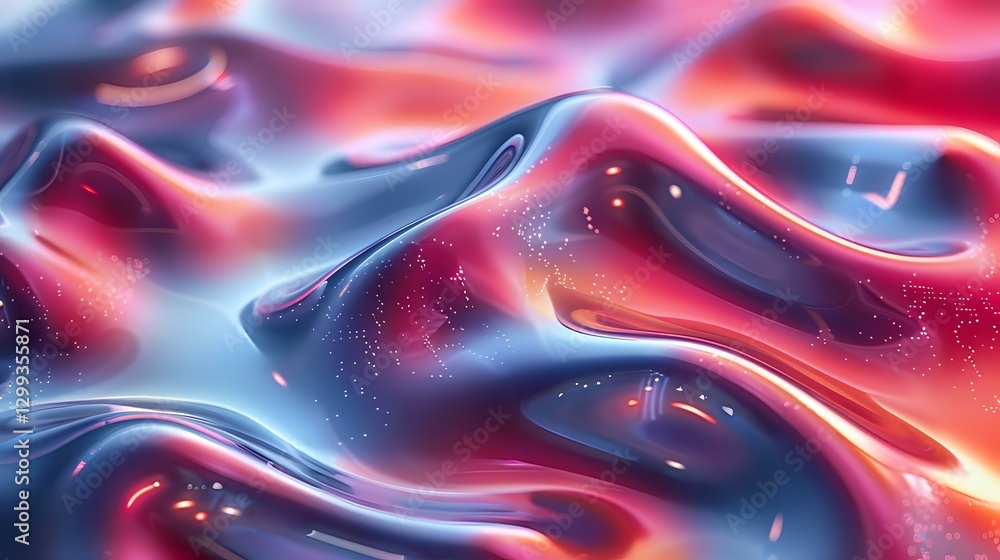 Poster vibrant red and blue liquid waves create dynamic abstract background with shimmering particles and g