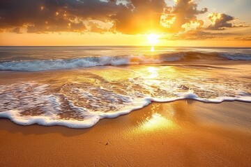 A serene sunset casts a warm, golden glow over the ocean as waves gently lap onto the sandy shore, A serene sunset over the ocean, casting a golden glow on the sandy beach