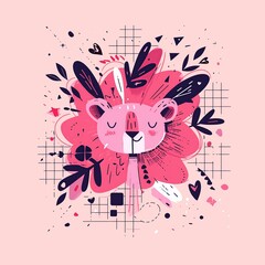 Fototapeta premium Whimsical Hand-Drawn Lion in Abstract Floral Style – Playful Vector Illustration