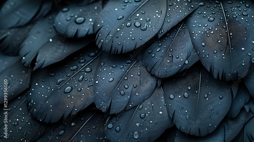Poster dark blue feathers with water droplets creating dramatic texture and pattern. macro photography show