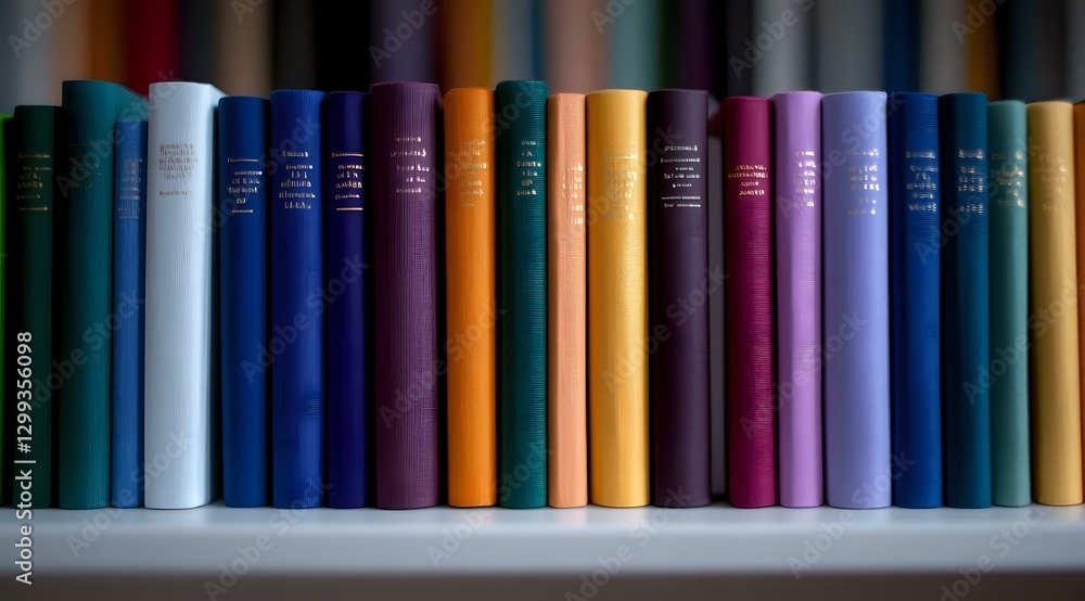 Poster row of colorful hardcover books arranged on white shelf, spines showing various sizes and thicknesse