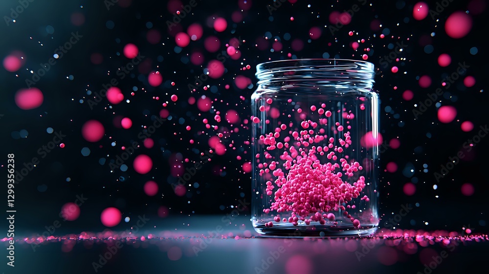 Poster magical glowing pink particles floating around glass jar on dark background with bokeh effect and sp