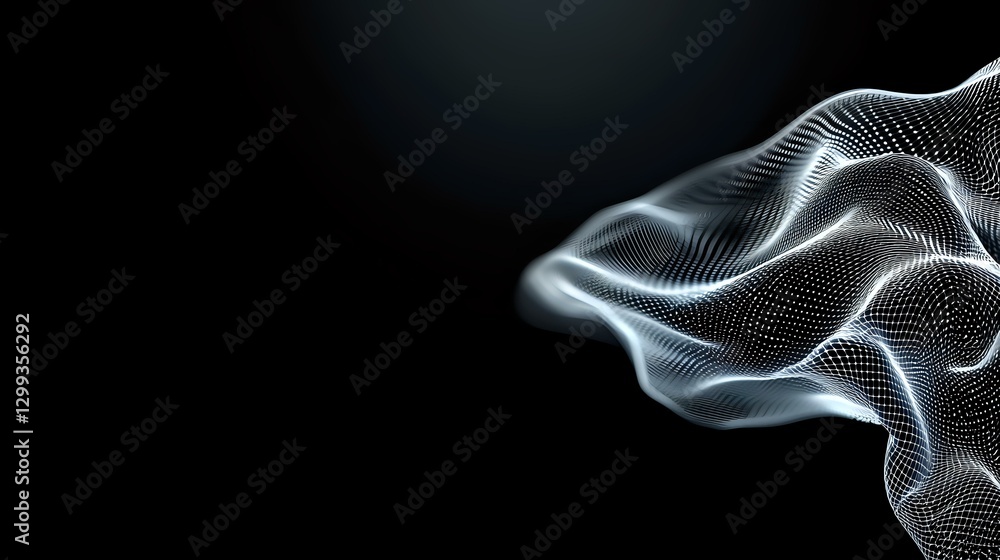 Poster abstract white flowing particle wave on black background, digital network visualization with dynamic