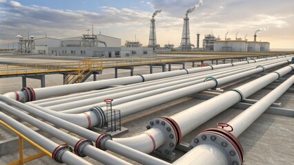 Industrial Pipeline System Wide Angle Composition, Grey Pipes, Refinery Background, Energy Infrastructure, Oil and Gas Industry pipeline, refinery