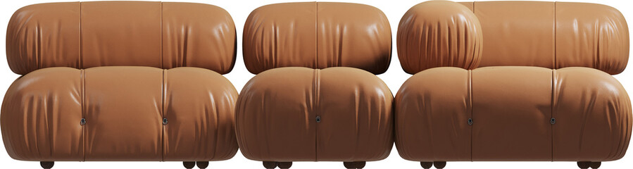 Side view of modular caramel leather sofa
