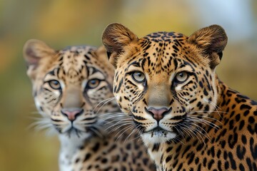 Obraz premium Close up portrait of two majestic leopards with piercing blue eyes and spotted fur patterns against blurred natural background, showing wild feline predators in nature.