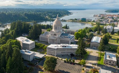 High-angle view of the Washington State Capitol building in Olympia, WA. Government buildings and surrounding parkland. Beautiful day. Washington, USA