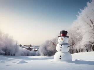 Obraz premium Winter Wonderland Snowman Amidst Wintry Landscape Featuring Copy Space Banner A Perfect Winter Concept Photo