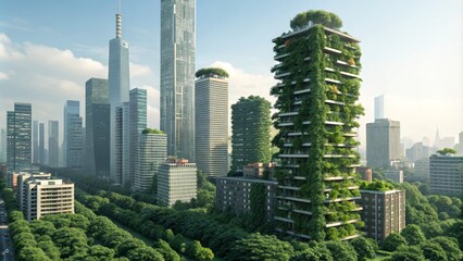 Obraz premium Eco-Cityscape Aerial View of Green Vertical Forest Skyscraper, sustainable architecture, urban design Sustainable Architecture, Green Building