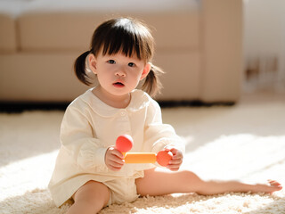 close-up portrait 3 year old asian girl playing with toy sitting on carpet,