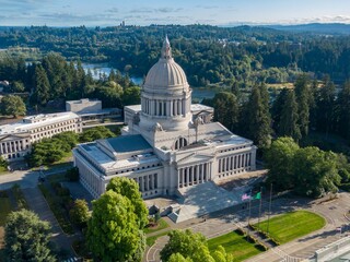 High-angle view of the Washington State Capitol building in Olympia, WA. Beautiful landscaping...