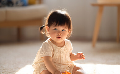 close-up portrait 3 year old asian girl looking at camera