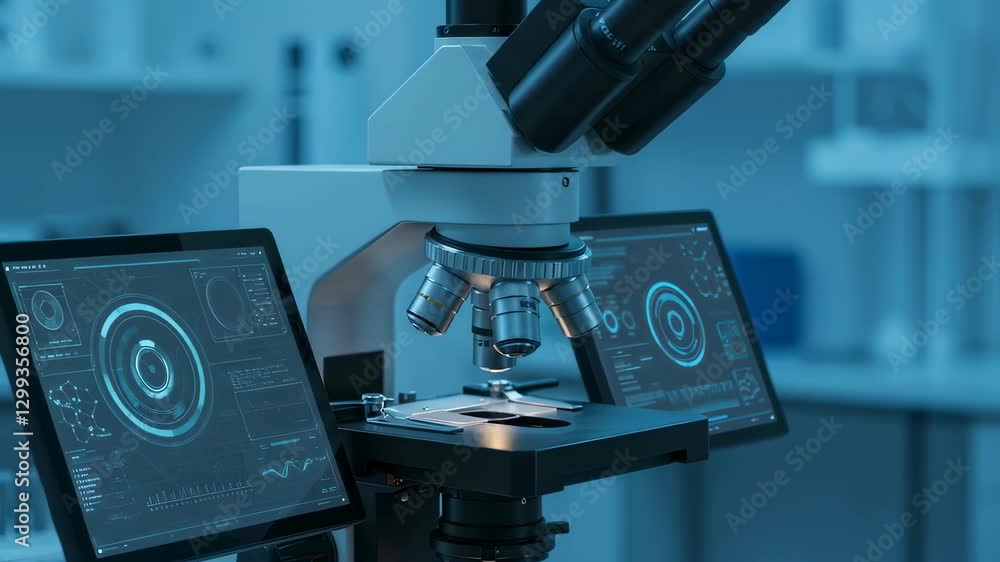 Poster advanced digital microscope with data visualization screens in futuristic laboratory. modern biotech