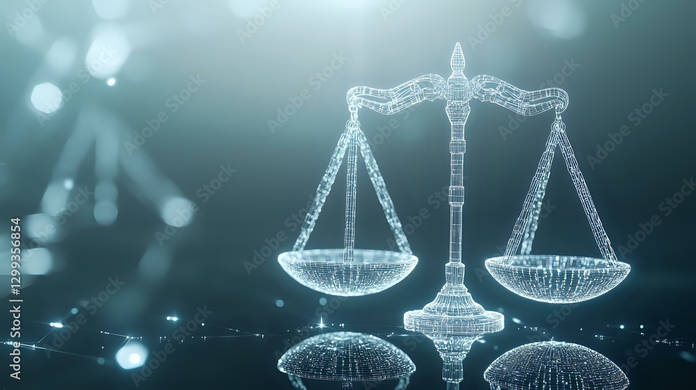 Poster glowing digital scales of justice with wireframe design on dark teal background with bokeh effect, r