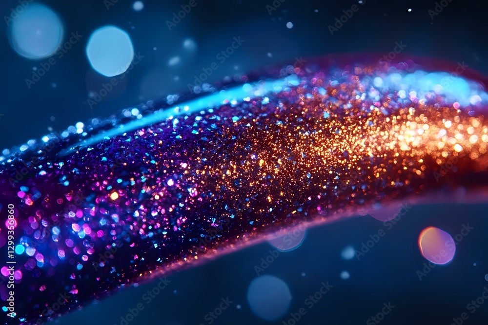 Poster magical glowing wave of orange and blue sparkles on dark background with bokeh effect, abstract ligh